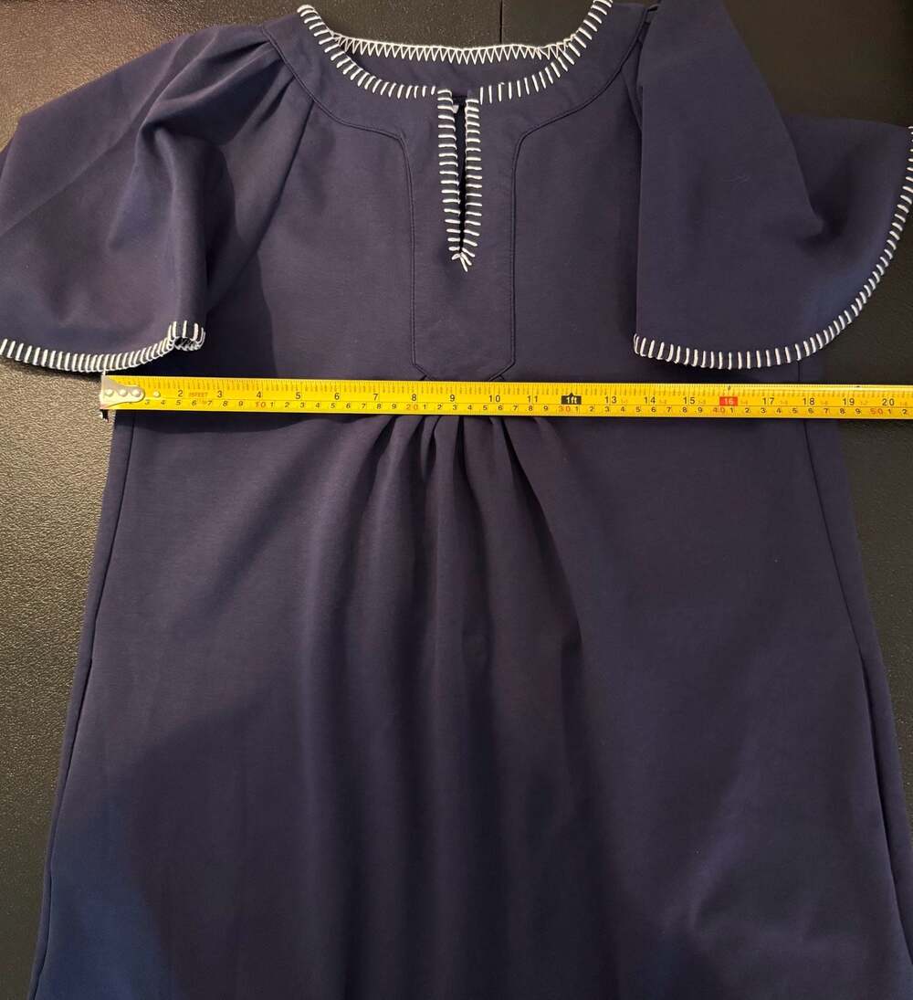 Beaulane Navy Blue Split Neck Contrast Whipstitch Trim Mini Dress with Pockets-S - Picture 5 of 7
